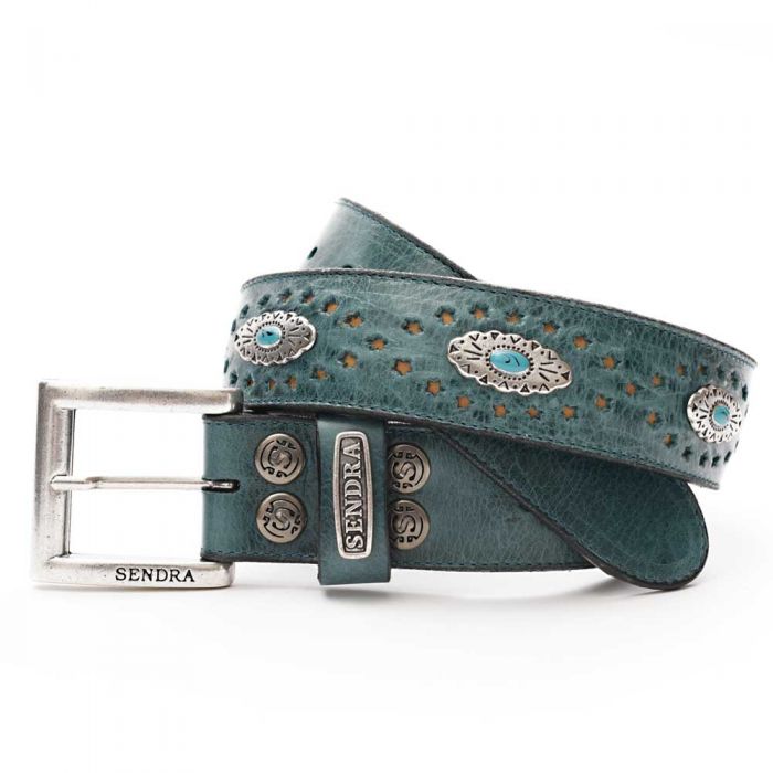 Womens Leather Belt 1102 in Turquoise Leather with Concho