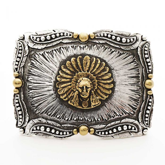Antike silberne Schnalle für Ledergurtel mit goldenem Apache Worrior
