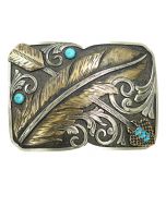 Belt Buckle with Feather and Turquoise