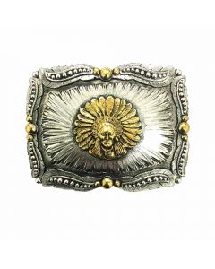 Antique Silver Buckle for Leather Belt with Golden Apache Warrior