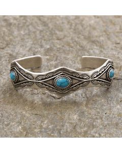 Antique Silver Aztec Cuff Bracelet with Blue Turquoise Stone